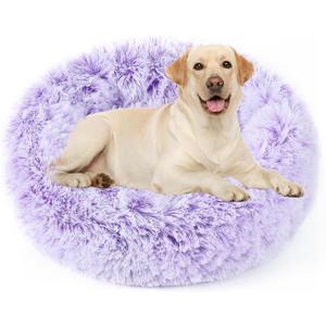 NOYAL Calming Donut Dog Bed for Small to Medium Dogs & Cats - Plush Faux Fur Anti-Anxiety Pet Bed with Machine Washable Cover & Non-Slip Base (Medium 23.6'', Gradient Purple)