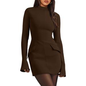 OFEEFAN Women's Fall Long Sleeve Mock Neck Dress Basic Party Club Bodycon Mini Dresses (Medium, Coffeebrown)