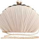 Women Mini Pleated Seashell Evening Clutch Handbag,Clutch Bag,Pearl Clutch,With Chain Strap, Seashell Champagne