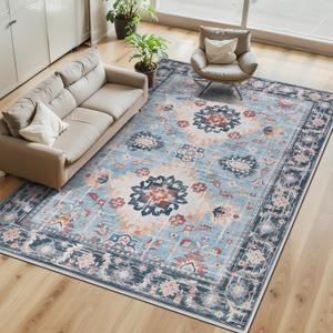 Ileading Washable Area Rugs 8x10, Blue Living Room Bedroom Rug Vintage Boho Non Slip Distressed Indoor Floor Carpet, Low Pile Under Table Mat for Dining Laundry Kids Kitchen Bath Room