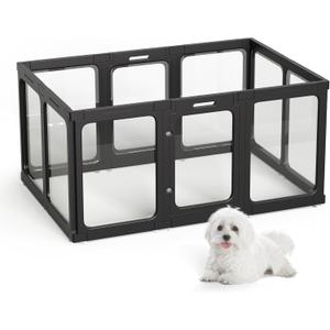 Acrylic Dog Playpen Indoor, 10 PCS Plastic Puppy Playpen with Door, Clear PlayPen for Dog Cat Rabbit Ferret, Preferable Small Dog Cage, Easy Assemble Pet Pen, 50" L x 33.5" W x 24" H, Black