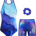 Gymnastics Leotards for Girls With Shorts Sparkly Ballet Dance Clasp Back Activewear (12-13 Y,Turquoise Marble Set)