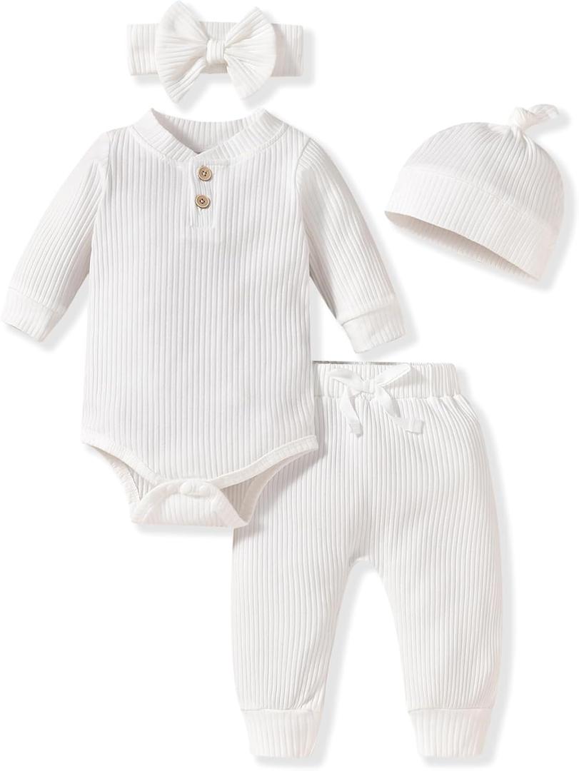 Aalizzwell Newborn Infant Baby Boys Girls Clothes Ribbed Long Sleeve Fall Winter Outfit White 0-3 Months Premature Gender Neutral Unisex