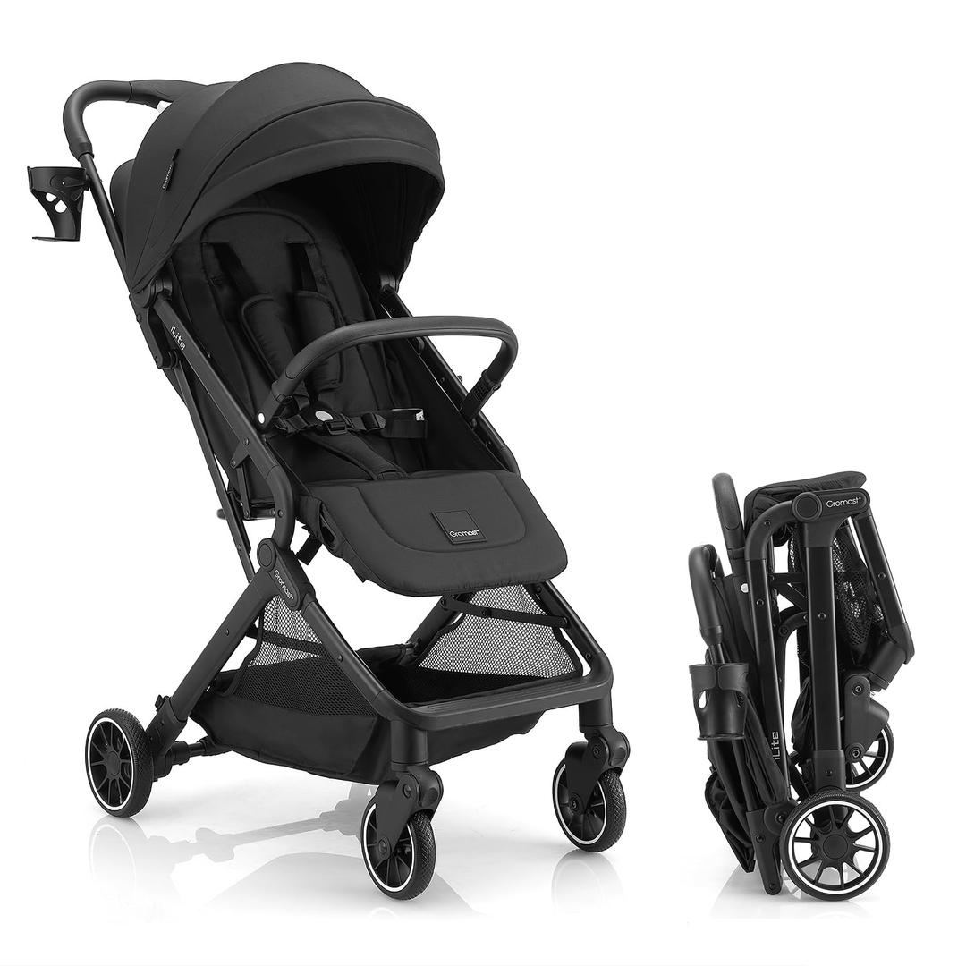 Gromast Compact Fold Baby Stroller, Lightweight Travel Toddler Stroller with One-Click Fold, Extendable UPF50+ Canopy, Cup Holder, UV Protected and Waterproof, One-Hand Folding - Black