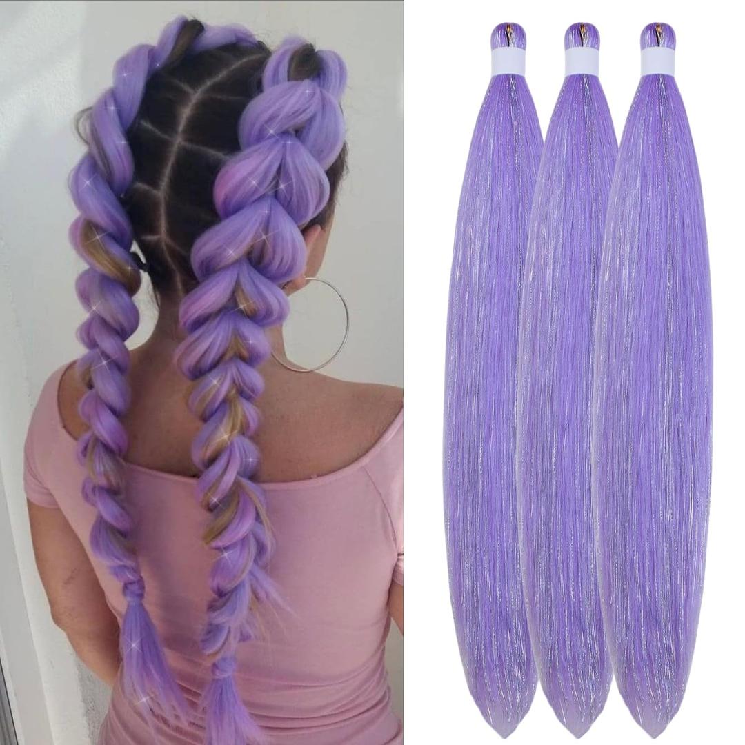 Lavender Tinsel Braiding Hair Pre stretched Braiding Hair for Glitter Braids Festival Braids Cosplay