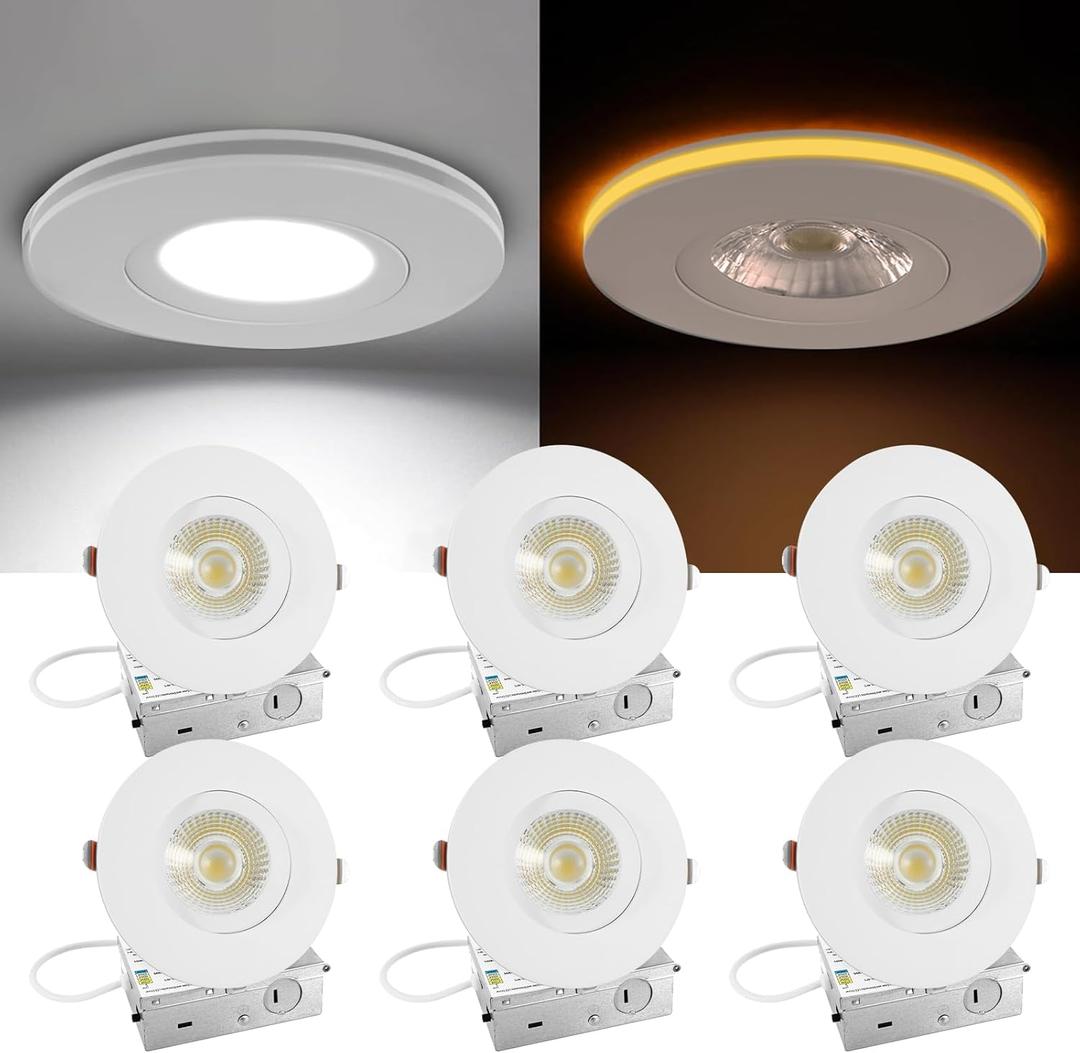 4 Inch Gimbal LED Recessed Light - with Night Light, 12W+3W 1100LM, Dimmable Canless Recessed Lighting 4 Inch, 5CCT+2000K Outdoor Soffit Lights, with Junction Box, White, 6 Pack
