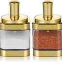 2 PCS Glass Condiment Containers Gold Spice Jars with Lids and Spoons Seasoning Pot Set Salt Box Sugar Dispenser for Kitchen Dining Room Counter Flour Sugar