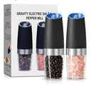 Gravity Electric Salt and Pepper Grinder set of 2, Automatic Salt And Pepper Grinder Set, Adjustable Roughness, Battery Powered, LED Light, 2 Pack, (Black)