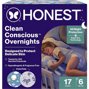 The Honest Company Comfort Dry Overnight Diapers, Up to 12 Hours Protection, Hypoallergenic, Fragrance-Free, Cozy Cloud + Star Signs, Club Box Size 6 (35+ lbs), 17 Count