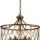 Modern Crystal Chandelier, 5-Light Farmhouse Bronze Chandelier for Dining Room Vintage Hanging Pendant Light Fixtures Round Chandelier for Kitchen Island Entryway Foyer Bedroom Office Bar, 19.6" High 19.6" Wide