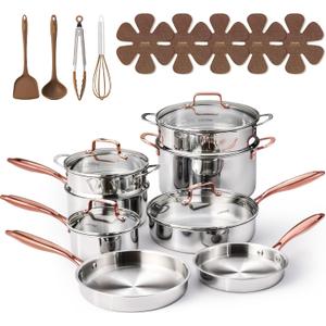 CAROTE 21pcs Tri-Ply Stainless Steel Cookware Set, Pots and Pans Set, Non Toxic Induction Kitchen Cooking Sets, Cookware Collection, Mirror Polish, Gold, Mothers Day Gifts