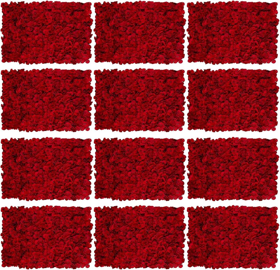 Flower Wall Panel Backdrop: 12 Pcs 24 x 16 Inch Red Artificial Hydrangea Floral Panels