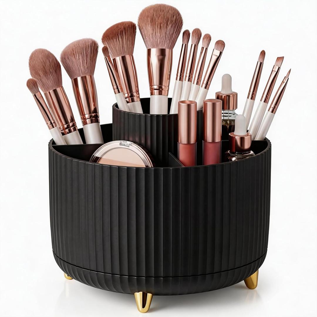 360 Rotating Makeup Brush Holder Organizer, 5-Slot Black Spinning Cup for Women, Vanity Desk & Bathroom Storage for Cosmetics and Beauty Tools Accessories