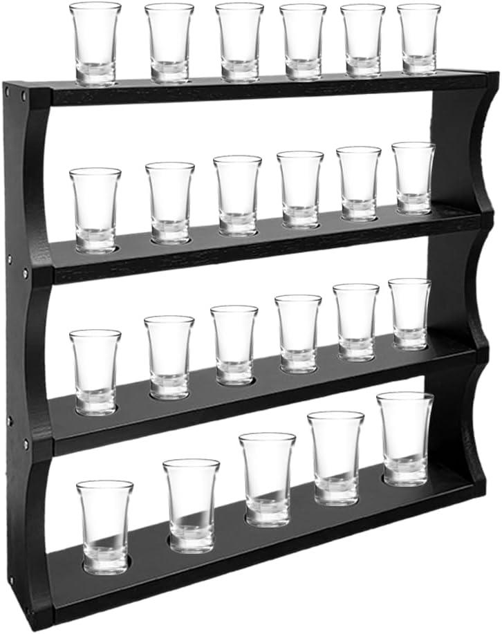 23 Shot Glasses Holder,Wood Shot Glass Display,Shot Glass Display Case,Wall-Mounted Shadow Box for Home and Bar Decor(Black)