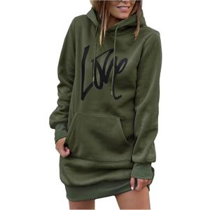 PRETTYGARDEN Women's Hooded Sweatshirt Fall Fashion Drawstring Lightweight Long Sleeve Pullover Hoodie Dress (Green)
