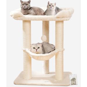 Happi N Pets 28" Large Cat Tree Tower for Indoor Cats, Cat Scratch Post with Large Bed for Maine Coon Big Cats, Sisal Cat Scratcher with Soft Perch & Hammock, Stable Cat Stand, Removable Cover-Beige
