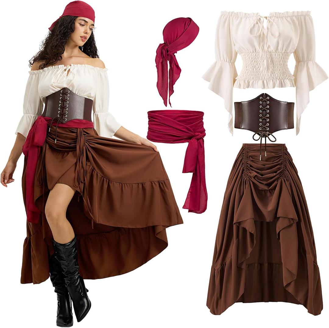 UFLJPKS Renaissance Pirate Costume Women，Womens Pirate Costume with Peasant Blouse Off Shoulder Trumpet Sleeve Tops and Victorian Steampunk Skirts (Brown, Waist Belt, Bandana, M)