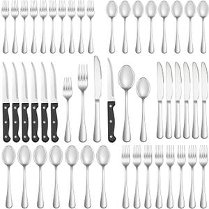 48 Pcs Silverware Set with Steak Knives Service for 8, Stainless Steel Flatware Set, Mirror Polished Cutlery Utensil Set, Home Kitchen Eating Tableware Set, Include Fork Knife Spoon Set, Dishwasher Safe