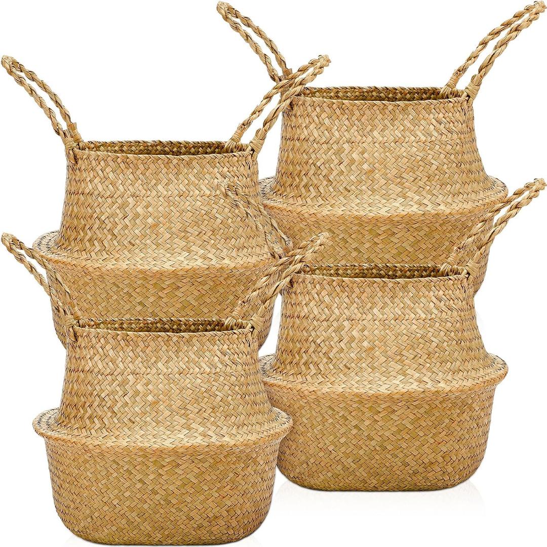 Qunclay 4 Pcs Woven Seagrass Baskets Belly Basket Folding Boho Natural Plant Pot with Handles Round Decorative Wicker Large Indoor Planter for Home Outdoor Tree Planters Decor (L,13''dx11''h)