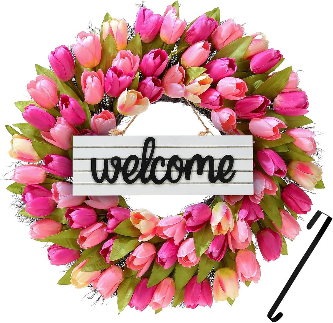 Wreaths, Tulip Wreath, 24 Inch Wreath for Front Door, Spring Wreaths with Metal Hanger, for Summer and Winter, Indoors,Outdoors, corridors, Offices (Pink)