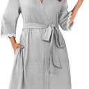 Ekouaer Women Kimono Robe 3/4 Sleeves Loungewear Dress Knee Length Sleepwear Pockets Housecoat Short Bathrobe S-XXL (M)