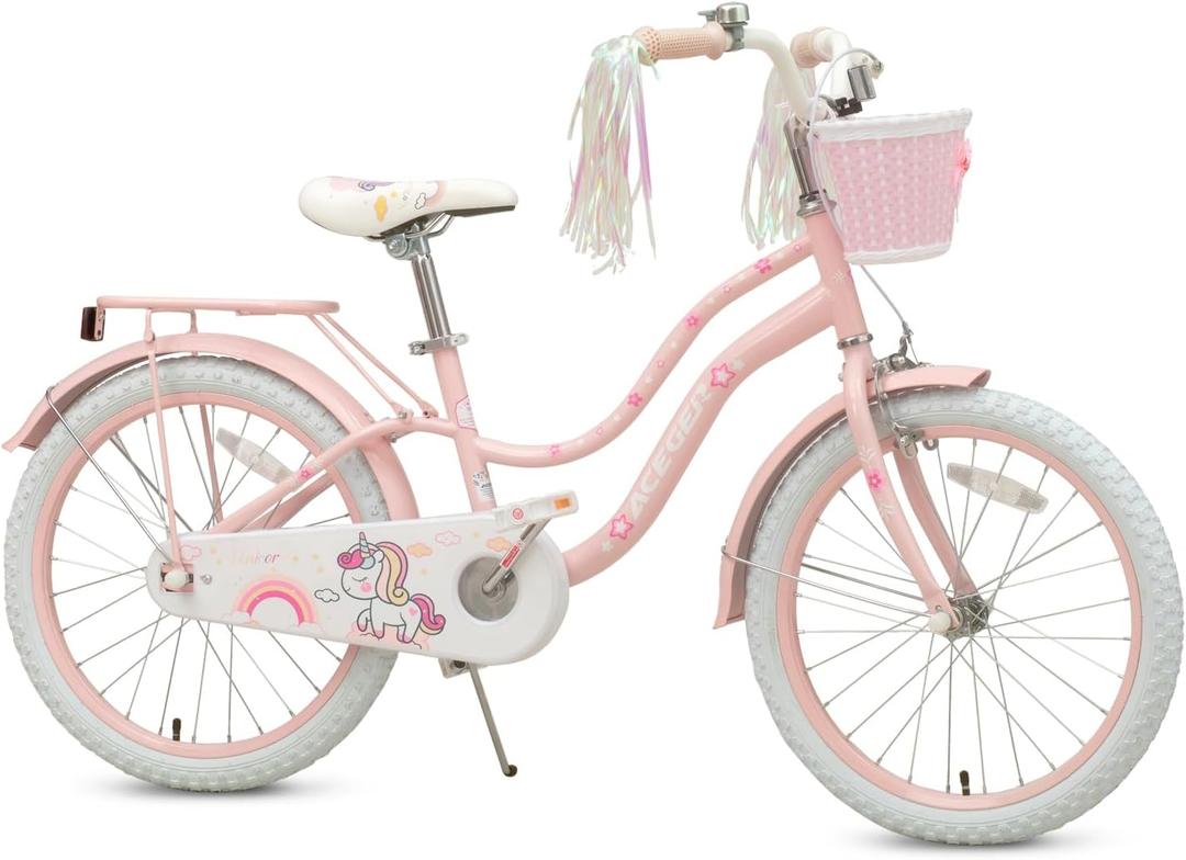 Princess Style Girls Bike with Basket for 2-13 Years Old Kids and Toddlers, 12 14 16 18 Inch Bicycle for Children with Training Wheels and Streamers, 20 Inch with Kickstand, Multiple Colors (Pink)