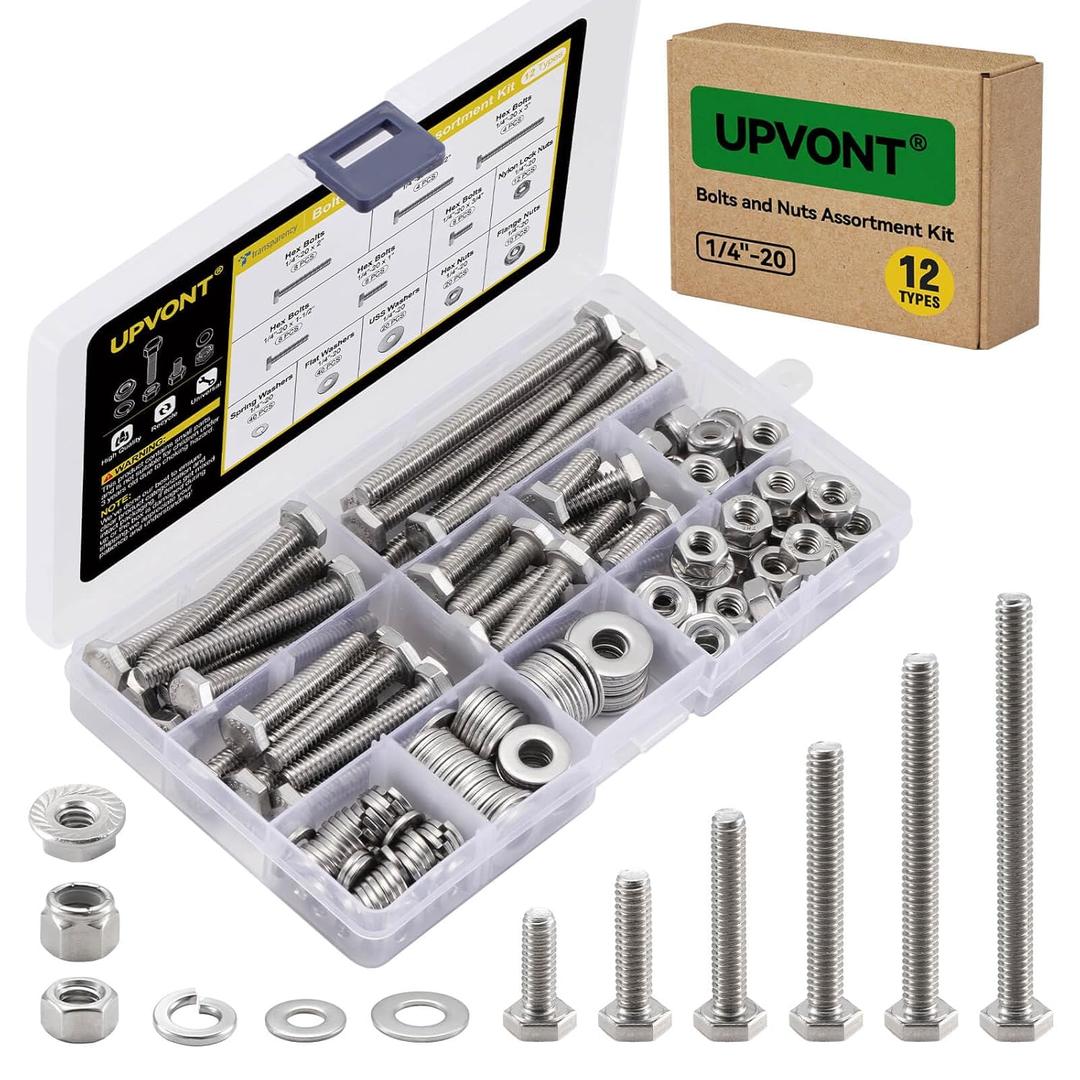 Hex Bolts and Nuts Assortment Kit, 1/4"-20 UNC Nuts and Bolts Set (12 Types), 304 Stainless Steel Bolts and Nuts Kit with Nylon Lock Nuts, Flange Nuts and Spring Washers