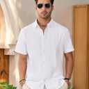 Mens Linen Shirts Short Sleeve Button Down Shirt Casual Cuban Guayabera Lightweight Summer Beach Solid Tops (White, L)