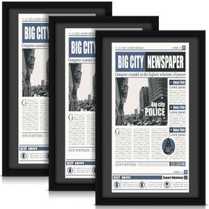 DoubleFill 3 Pcs 11x22 in Newspaper Frame with Mat Assorted Media Article Cover Frame with Hanging Hardware 14x24 in Newspaper Display Poster Frame for Wall Decoration (Black Mat)