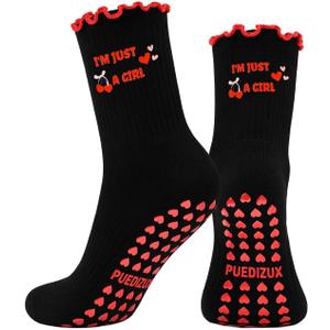 Women Cute Pilates Socks Grip Crew Yoga Socks Ruffle Cuff Embroidery Pattern Workout Ballet Socks (Black)