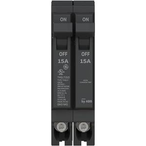 ABB Q-Line THQLT1515 Tandem Circuit Breaker  15A/1P & 15A/1P Dual Circuit Breaker for Single Slot  120/240V, 10 kAIC  HACR & SWD Rated  Space-Saving Design  Plug-in Mount