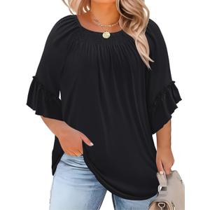 Micoson Womens Plus Size Tops 3/4 Ruffle Sleeve Shirts Crewneck Pleated Blouses Dressy Casual Fashion Tunic Top (1X-5X) (Black)