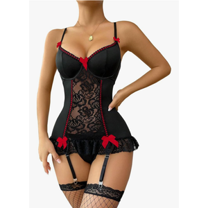 Lilosy Sexy Stocking Garter Belt Bows Floral Lace Babydoll Corset Push Up Teddy Lingerie Set with Panty SIZE XXL