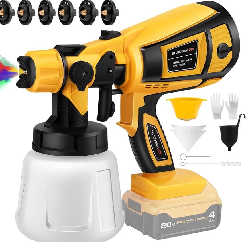 Cordless Paint Sprayer (Batteries Not Included), 200W HVLP Spray Gun with Cleaning & Blowing Joints for 20V Dewalt Battery, 6 Nozzles and 3 Patterns,Paint Sprayer for Furniture, Cabinets, Fence, Walls