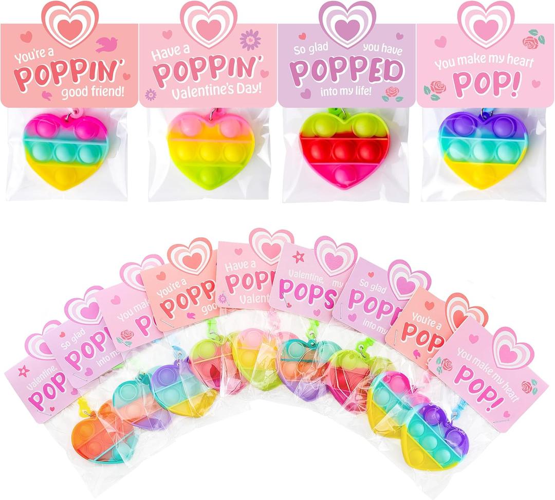 JOYIN 30 Packs Valentine's Day Gift Cards with Heart Pop Bubble Keychain, Mini Pop Squeeze Toys, Stress Relief Fidget Toys for Kids Party Favors, Classroom Exchange and Game Prizes
