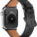 Genuine Leather Bands Compatible with Apple Watch Band Series 10 9 8 7 6 5 4 3 2 1 Ultra SE 49mm 46mm 45mm 41mm 44mm 40mm 42mm 38mm Women Men Top Calfskin for iWatch Wristband Replacement Strap (Black-Black Pin Buckle)