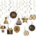 Happy 50th Birthday Party Hanging Swirls Streams Ceiling Decorations, Celebration 50 Foil Hanging Swirls with Cutouts for 50 Years Old Black and Gold Birthday Party Decorations Supplies