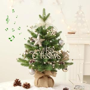Mini Christmas Tree, Tabletop Small Christma Tree Green Prelit Christmas Tree with Music Artificial Xmas Tree with Xmas Ornaments Christmas Decorations Indoor Outdoor for Home Party