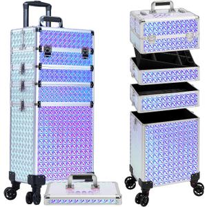 AROUS 5 in 1 Rolling Makeup Train Case Cosmetology Case on Wheels Large Cosmetic Organizer Travel Cart for Hairstylist Artist Nail Beauty Salon Barber,Silver (EXP 09/24/33)