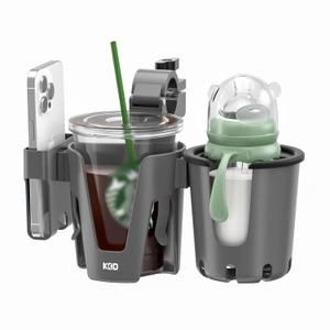 KDD Stroller Cup Holder with Phone Holder, 3-in-1 Removable Bottle Holder, 360 Degrees Rotation Drink Holder for Wheelchair, Stroller, Bike, Walker, Scooter, Bicycle, Nuna, Bugaboo, Doona (Grey)