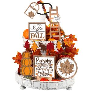 Maitys 13 Pcs Thanksgiving Tiered Tray Decor Set Thanksgiving Pumpkin Gnome Rustic Farmhouse Decoration Harvest Decor Trays Wooden Tabletop Signs for Give Thanks Home Kitchen Party(Rustic Style)