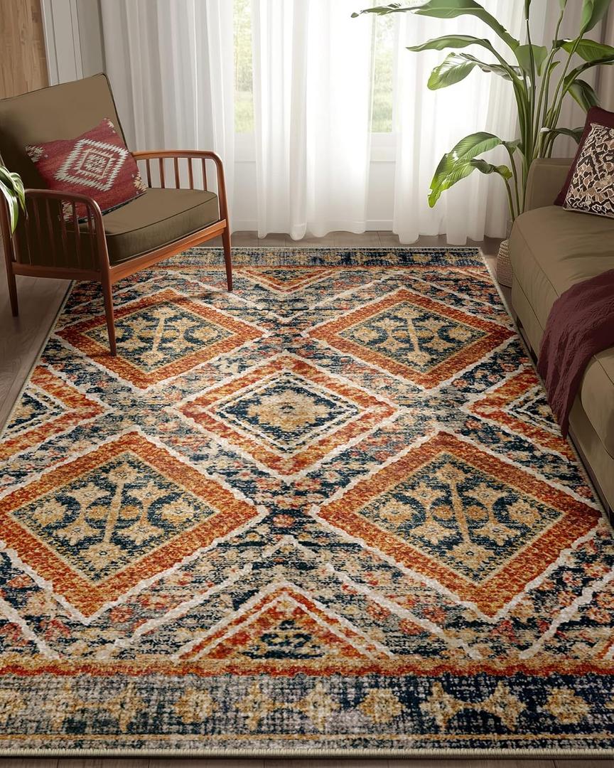 Area Rug 5x7 Rug Machine Washable Non-Slip Low Pile Print Pattern Western Rug for Living Room Bedroom Entryway Tribal Series -Orange/Brown