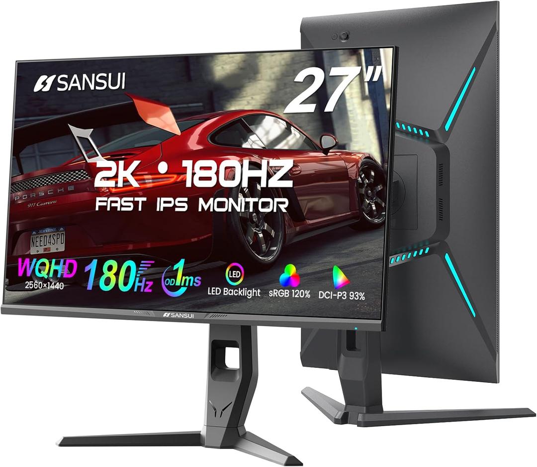 SANSUI 27 inch WQHD 180Hz Gaming Monitor 1440P-AMD FreeSync 1ms DCI-P3 93% Fast IPS Computer Monitor,Height Adjustable Vertical/Horizontal Rotating, 2DisplayPort/HDMI HDRLow Motion Blur Speakers (27 inch 180Hz/WQHD/Speakers)