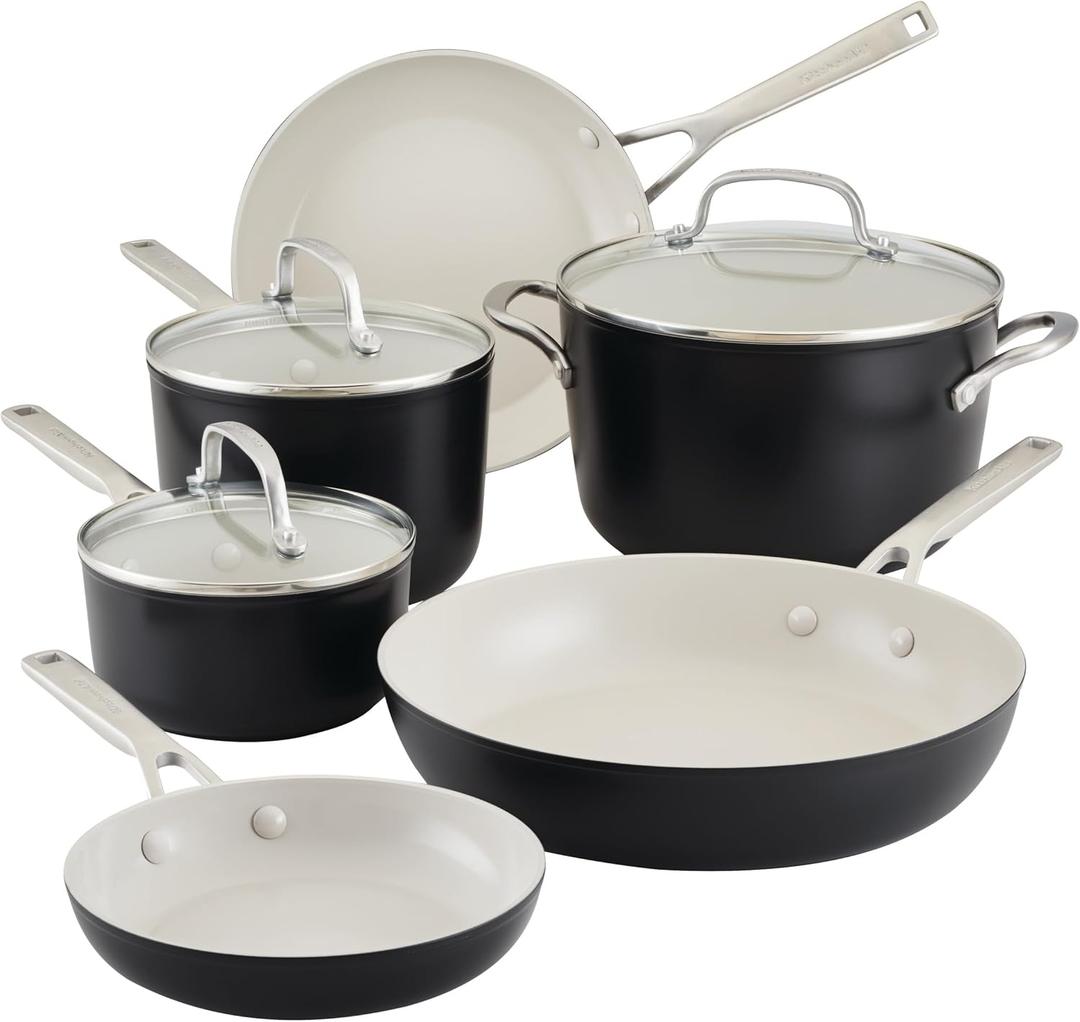 KitchenAid Hard Anodized Ceramic Nonstick Cookware Pots and Pans Set, 9 Piece - Matte Black