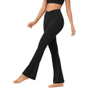 ODODOS Cloud Feeling Ruched Flared Yoga Pants for Women High Waist Casual Bootcut Pants, 30" Inseam, Black, Medium