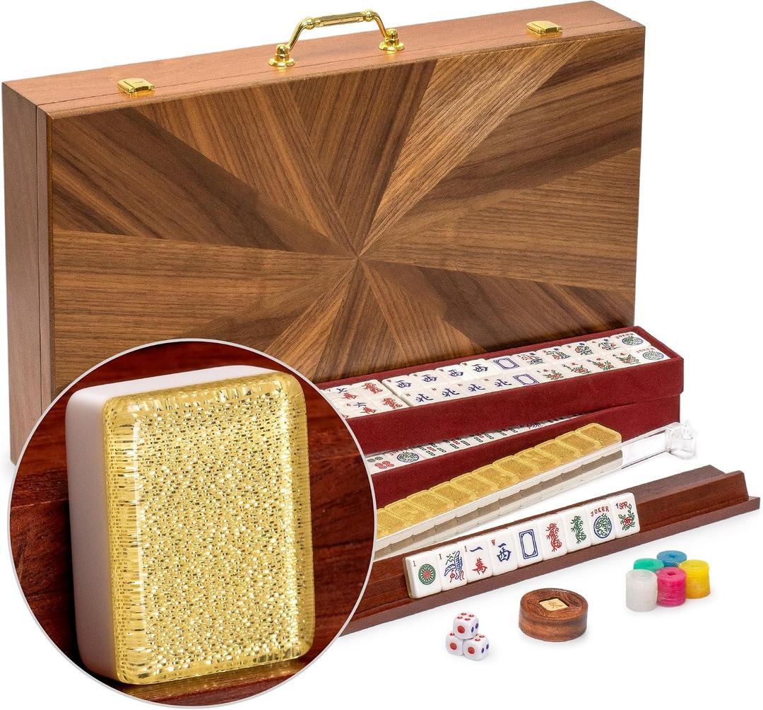Yellow Mountain Imports American Mahjong Set, Golden Fortune with 166 Acrylic Mahjong Tiles, Inlaid Wooden Case, Racks and Other Accessories, 19.9 X 12.4 X 3.3 Inches