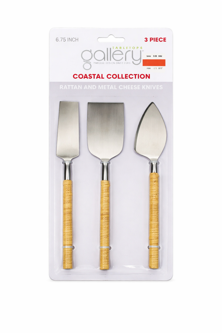 Gallery Coastal Collection 3-Piece Cheese Knife Set (6.75”) – Rattan Handle & Stainless Steel Blades