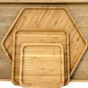 PAFREWOG Bamboo Serving Trays Charcuterie Platter 16.5"x11.8"（42x30cm with Handle, Set Includes 1xHexagon 12.5"(32cm)+1xSquare 7.8"(20cm)+1xSquare 5.9"(15cm) Small Plates for Family Dinner