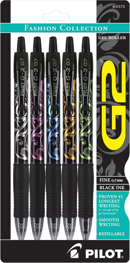 5 x Pilot G2 Premium Refillable and Retractable Rolling Ball Gel Pens, Fine Point, Fashion Collection, 0.7 mm, Black Ink Pens, 5-Pack