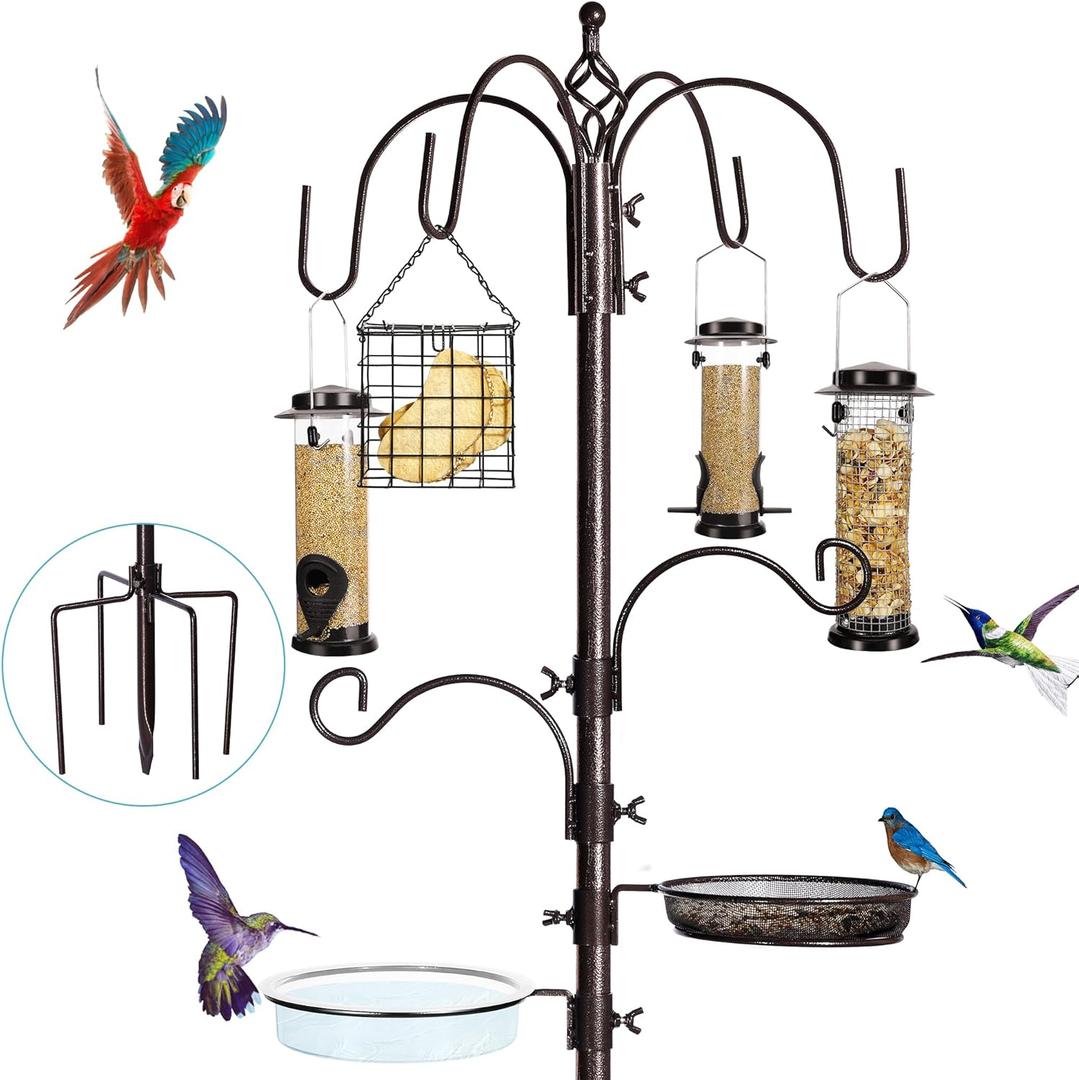 6-Hook Bird Feeding Station Kit, Wild Bird Feeder Stand Pole, Multi-Feeder Kit Stand with 4 Feeders, Bird Bath and Mesh Tray, 94 Inch